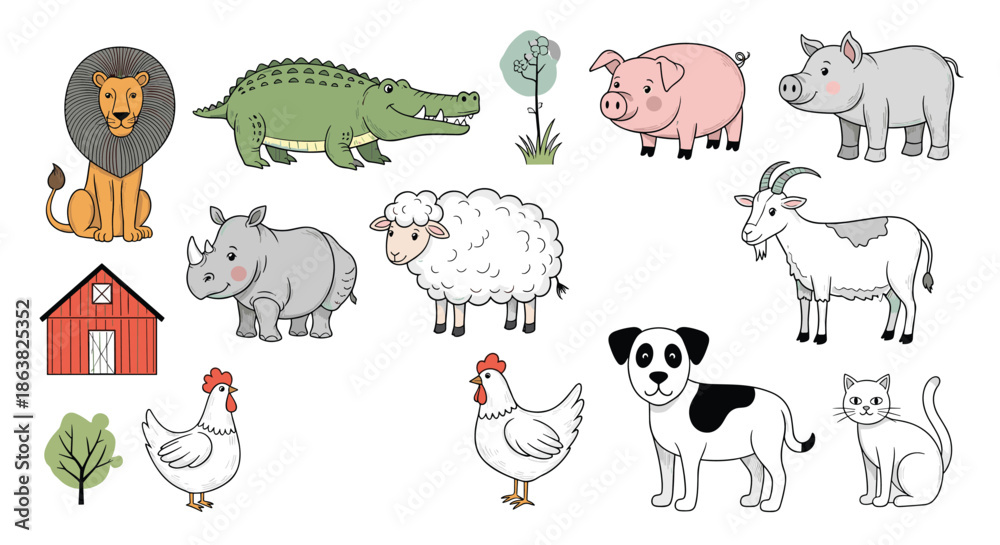 Obraz premium Cute collection of various cartoon farm and wild animals like a lion pig sheep rhino crocodile and a red barn house.