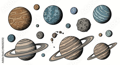 Hand-drawn vintage style collection of various planets and celestial bodies from our solar system in a colorful sketch.