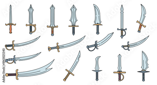 Large collection of various medieval and fantasy cartoon swords daggers and sabers with different hilt and blade designs.