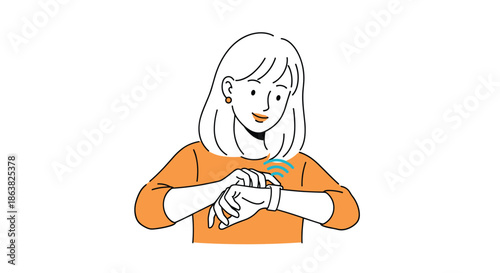 Line art illustration of a young woman in an orange shirt checking notifications on her modern smartwatch on her wrist.