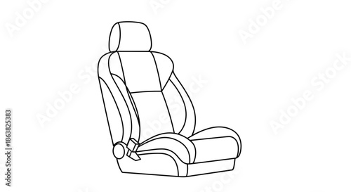 Simple black and white line art illustration of a modern ergonomic car seat with a headrest for vehicle interior design.
