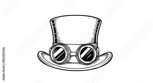 Detailed black and white engraving of a steampunk top hat featuring a pair of intricate goggles wrapped around the brim.