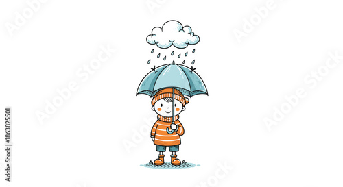Charming hand-drawn illustration of a little boy in a warm sweater and hat holding an umbrella under a small rain cloud.