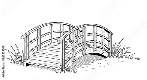 A black and white line art drawing of a classic arched wooden footbridge in a serene park or garden setting with grass.