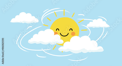 A cute and happy smiling cartoon sun character peeking through fluffy white clouds on a bright and cheerful blue sky day.