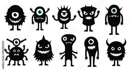 A collection of ten funny and spooky black monster silhouettes with different shapes and features for halloween celebrations.