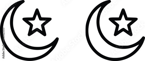 Simple black and white illustration of two crescent moons with stars