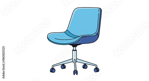 A modern blue rolling office chair with a sleek ergonomic design illustrated in a simple and clean cartoon line art style.