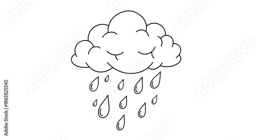 A cute and sleepy cartoon cloud with closed eyes and a happy smile raining teardrop-shaped drops in a line art style.