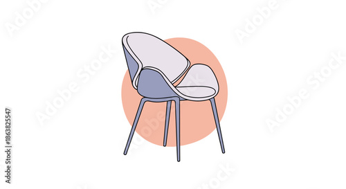 A stylish and modern designer armchair with a sleek curved shape illustrated in a simple cartoon style on a pink circle.