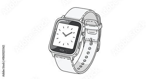 A modern square-faced smartwatch with a classic analog clock face illustrated in a detailed black and white line art style.