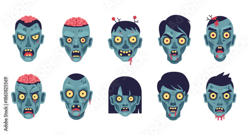 A collection of ten gruesome and scary zombie head avatars with various expressions for a halloween themed character set.
