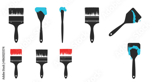 A set of black paintbrush silhouettes in various sizes with some dipped in bright blue and red paint ready for artwork.