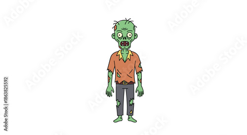 A full-body cartoon illustration of a clumsy green-skinned zombie with torn clothing walking slowly during an apocalypse.
