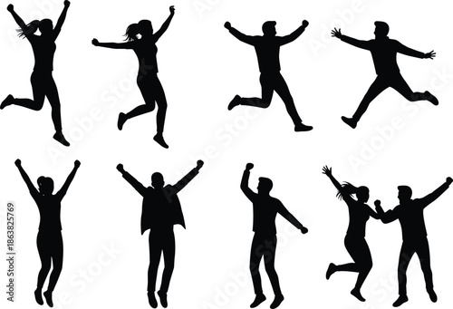 Silhouette, jumping people, celebration, joy, motion, energy, dance, teamwork, excitement, mid-air pose, freedom, happiness, group, leap, expressive, dynamic, black and white, fun