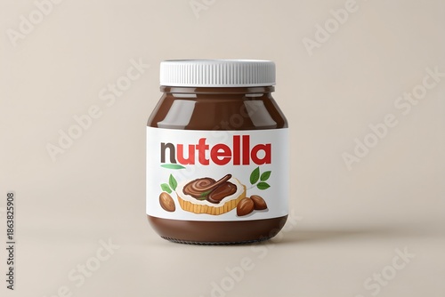Realistic illustration of a glass jar filled with creamy chocolate hazelnut spread featuring a detailed white label showing the iconic brand name and delicious serving suggestion