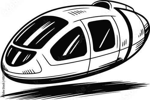 A black and white sketch of a futuristic streamlined levitating vehicle