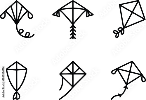 Simple black and white illustrations of various kite designs in a collection