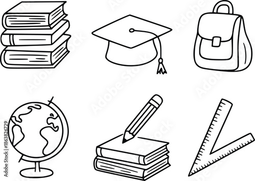 Doodle style illustration of educational items books globe and school supplies