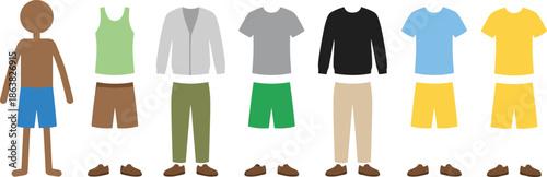 Mix and match outfits, clothing combinations, fashion illustration, casual wear, vector design, wardrobe styling, flat design, flat vector illustration