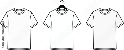 Plain white t-shirt mockup, front view apparel template, hanging shirt display, flat vector illustration, blank clothing design reference