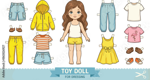 Paper toy doll dress-up set, kids fashion activity, cutout clothes and accessories, flat vector illustration, creative play bundle
