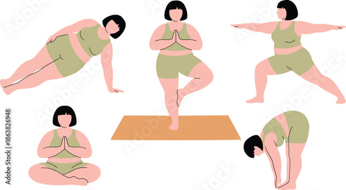 Yoga poses, fitness routine, wellness illustration, green sportswear, flexibility training, vector workout, healthy lifestyle, flat design, flat vector illustration