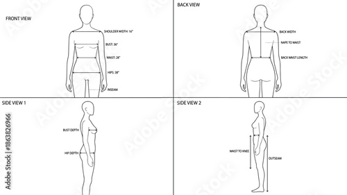 Body measurement diagram, fashion figure views, tailoring guide, technical sketch, flat vector illustration, garment fitting chart, anthropometric reference