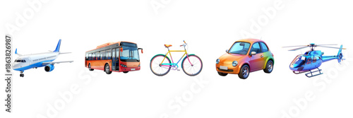 Set of colorful 3D transportation icons isolated on white background, featuring airplane, city bus, bicycle, compact car, and helicopter for travel and mobility concepts.