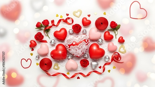 Valentine's Day flat lay composition with red and pink hearts, roses, and ribbons. Romantic top view background with silver decorations, lace, and bokeh effect for greeting card.