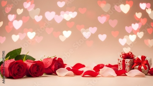 Valentine's Day background with red roses, scattered petals and gift boxes. Romantic heart shaped bokeh lights border with copy space for greeting card text.