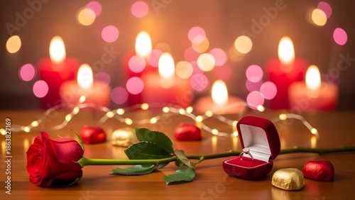 Romantic Valentine's Day proposal concept with open ring box, red rose, and heart chocolates on wooden table against bokeh candlelight background.