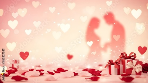 Romantic Valentine's Day background with silhouette of couple in love. Floating heart bokeh lights, red rose petals and gift boxes. Wedding or engagement concept with soft blur.