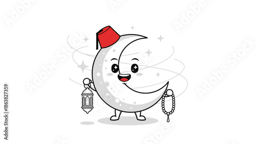 Crescent moon character in red hat holding lantern and rosary