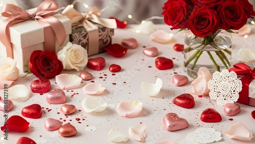 Romantic Valentine's Day table setting with gift boxes and red rose bouquet. Scattered heart chocolates, white petals and lace on pink background. Love holiday composition.