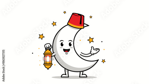 cartoon moon character with lamp and fez hat