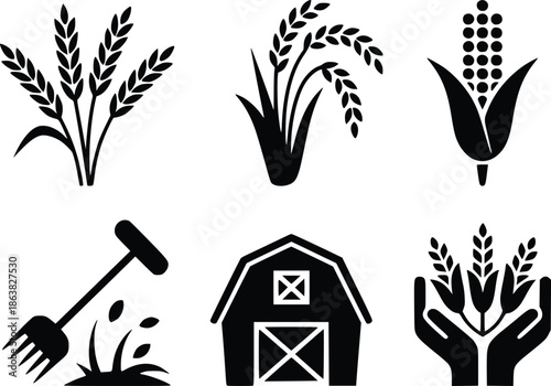 Black silhouettes depicting various farming elements crops barn and tools