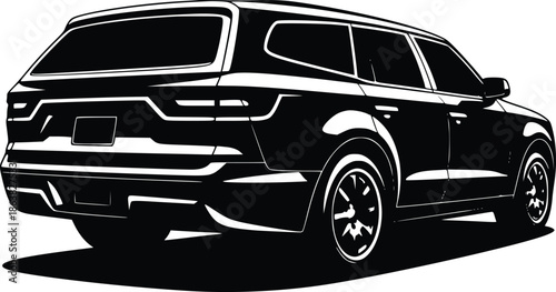 Black and white illustration of a modern suv vehicle from a low angle