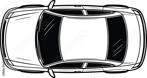 Top down view of a modern car with a sunroof black and white illustration