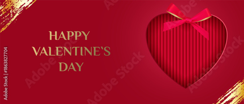 Horizontal Valentine s Day banner. A paper heart cut out and decorated with a bow. Template for greetings, presentations, and discounts.