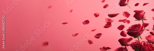 Falling Red Rose Petals Romantic Background, Valentine's Day Love Theme Banner on Pink Background.