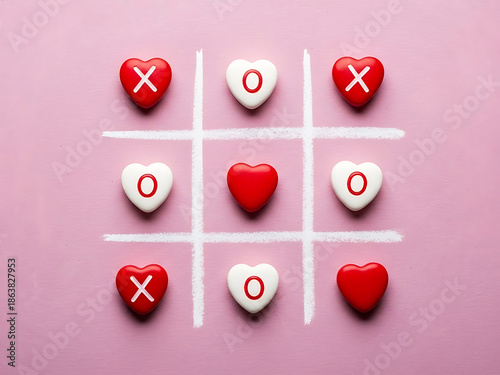 Valentine's day candy tic-tac-toe game with heart shapes on a pink background