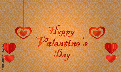 Happy Valentine's Day greeting with hanging heart decorations on a warm textured background symbolizing love and romance, perfect for cards and invitations