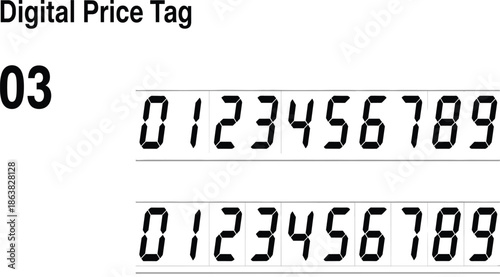 Vector set of black digital number font from zero to nine for electronic price tags and digital clock displays isolated on white.