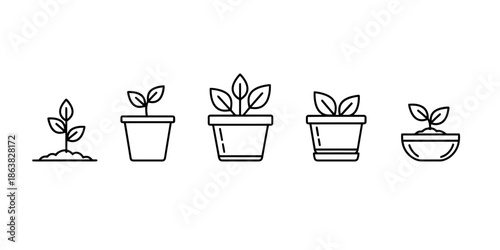 A set of five simple line art icons depicting the growth stages of a plant in pots and soil.