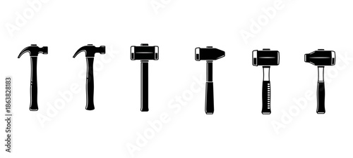 A collection of six different types of hammers, including claw hammers and sledgehammers, displayed in silhouette against a white background.