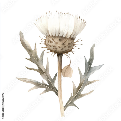 Watercolor illustration of a delicate white thistle flower with spiky leaves and stem.