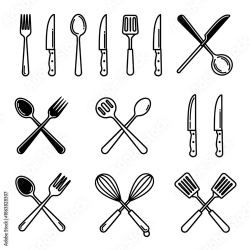 A collection of line art illustrations of various kitchen utensils and cutlery, arranged in a grid.
