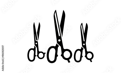 Three black scissors of varying sizes are silhouetted against a white background, with the largest pair in the center.