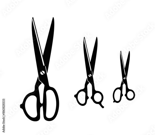 Three black silhouette scissors of varying sizes are displayed against a white background.